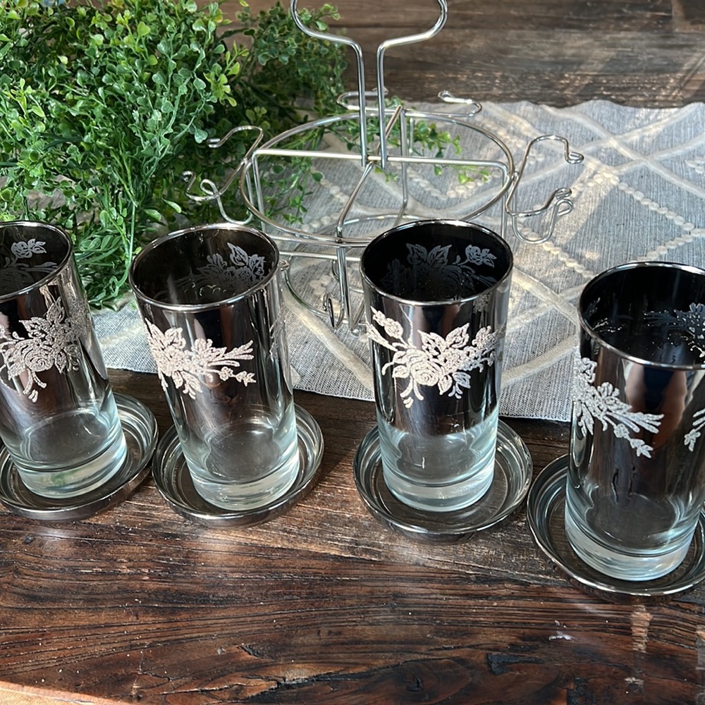 Vintage Black and Silver Floral Drinkware Set - Picture 2 of 11